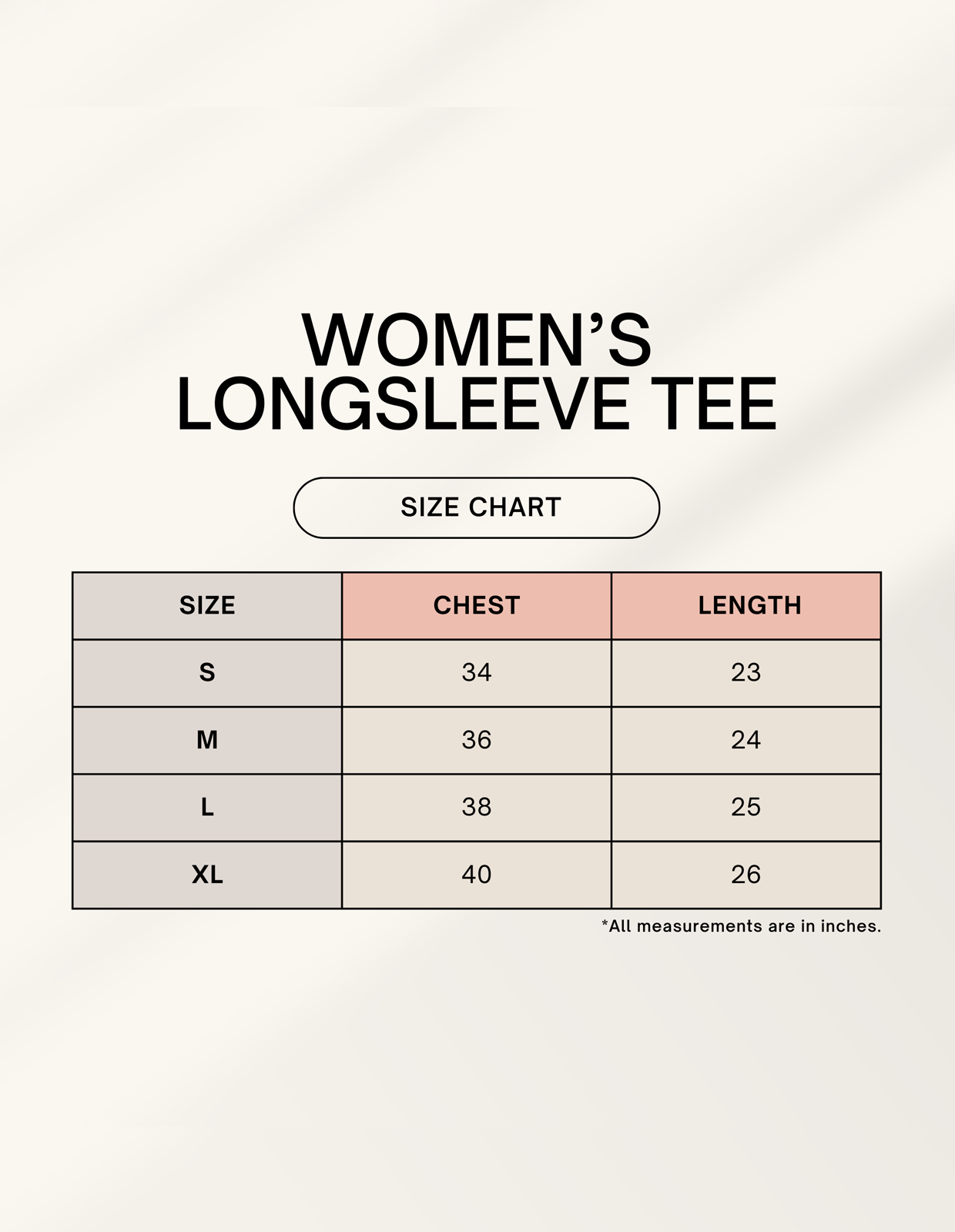 Size chart for women's longsleeve tee